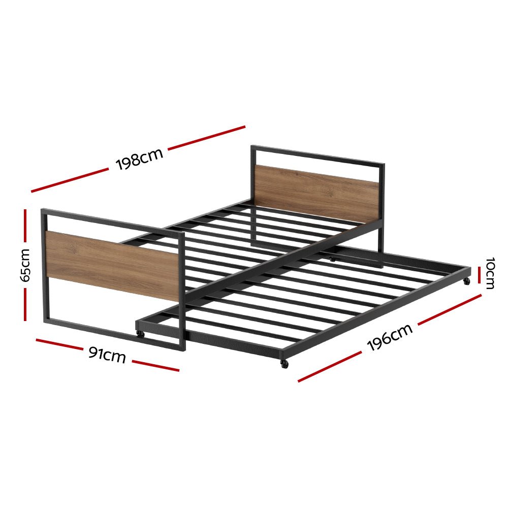 Artiss Bed Frame 2x Single Size Metal Trundle Daybed DEAN - Kid Topia