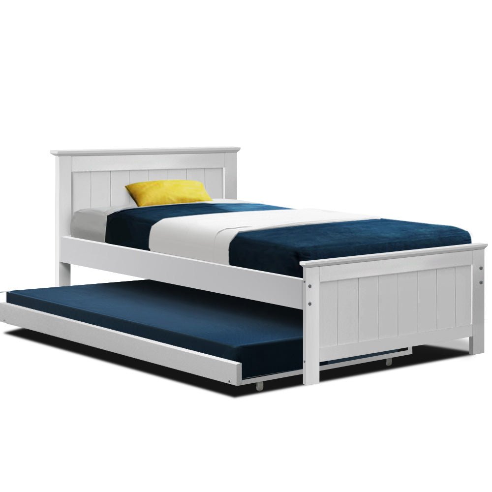 Artiss Bed Frame King Single Size Wooden Trundle Daybed White ELVIS - Kid Topia