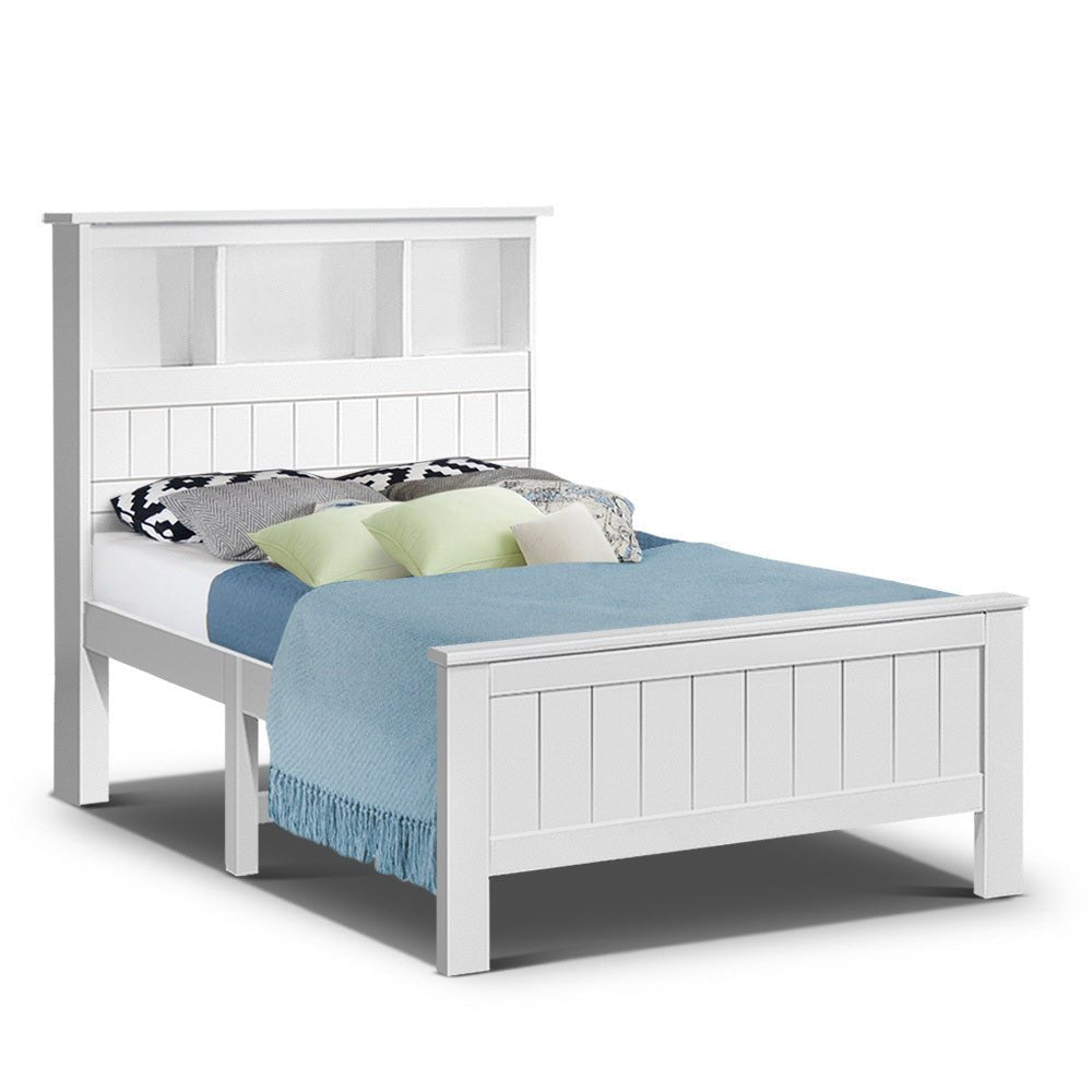 Artiss Bed Frame King Single Size Wooden with 3 Shelves Bed Head White - Kid Topia