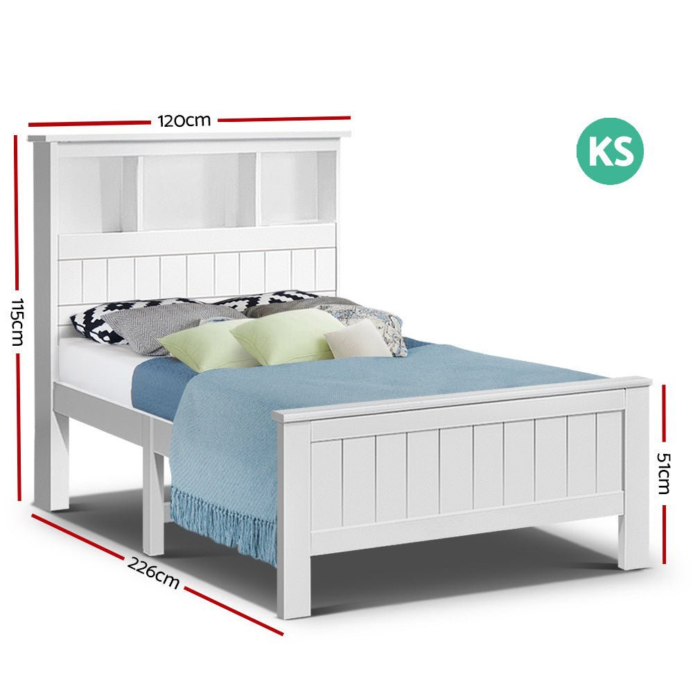 Artiss Bed Frame King Single Size Wooden with 3 Shelves Bed Head White - Kid Topia