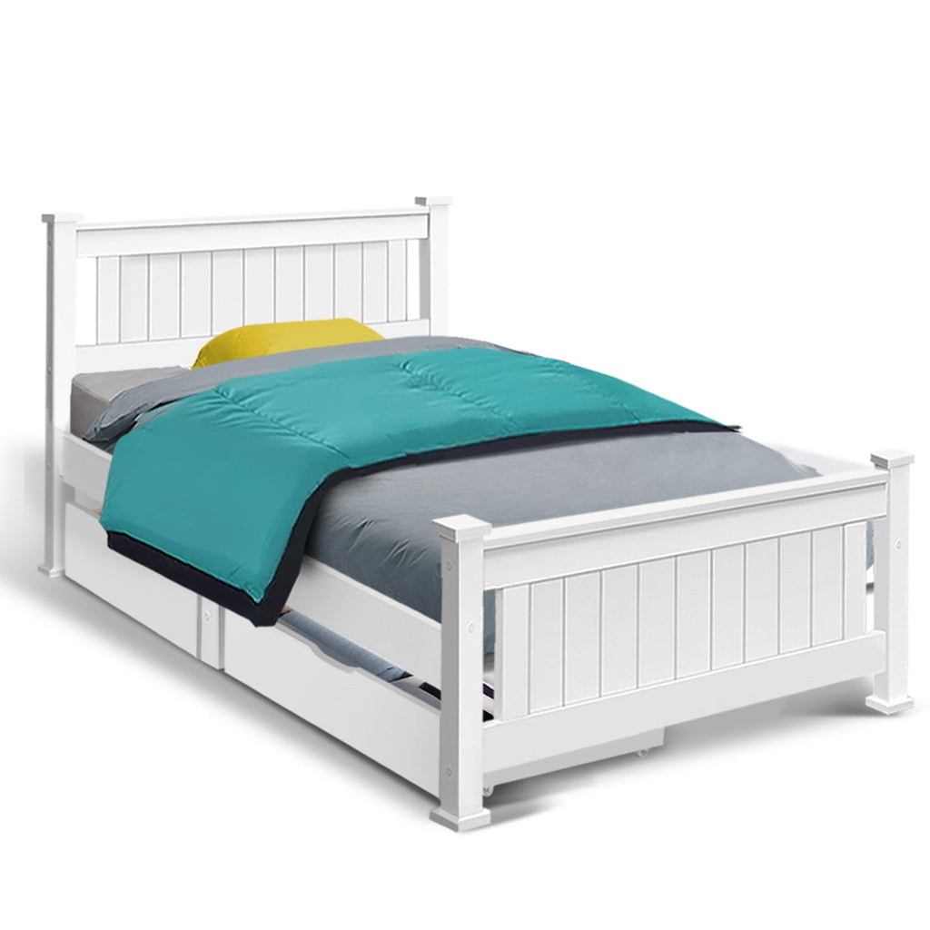 Artiss Bed Frame Single Size Wooden with 2 Drawers White RIO - Kid Topia