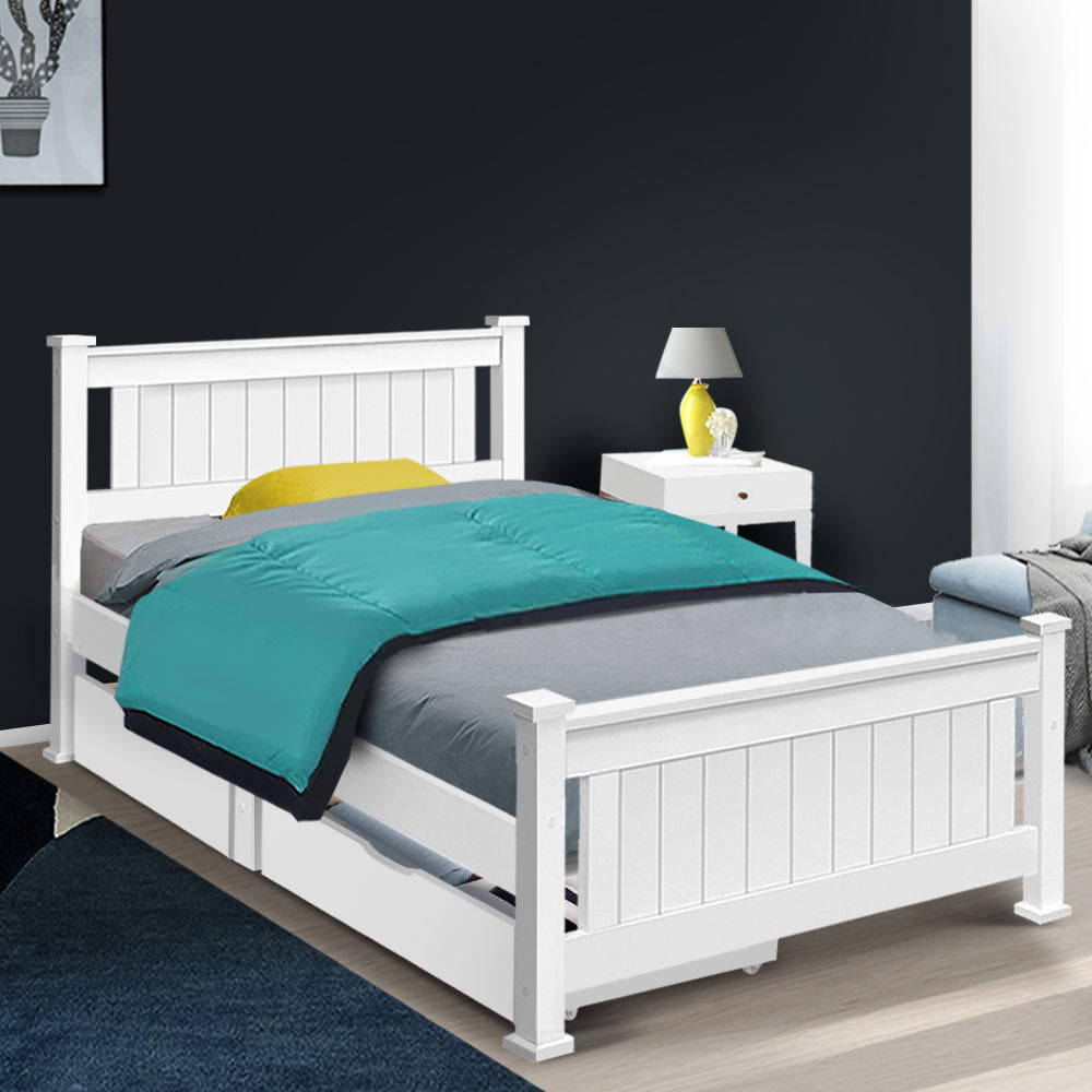 Artiss Bed Frame Single Size Wooden with 2 Drawers White RIO - Kid Topia