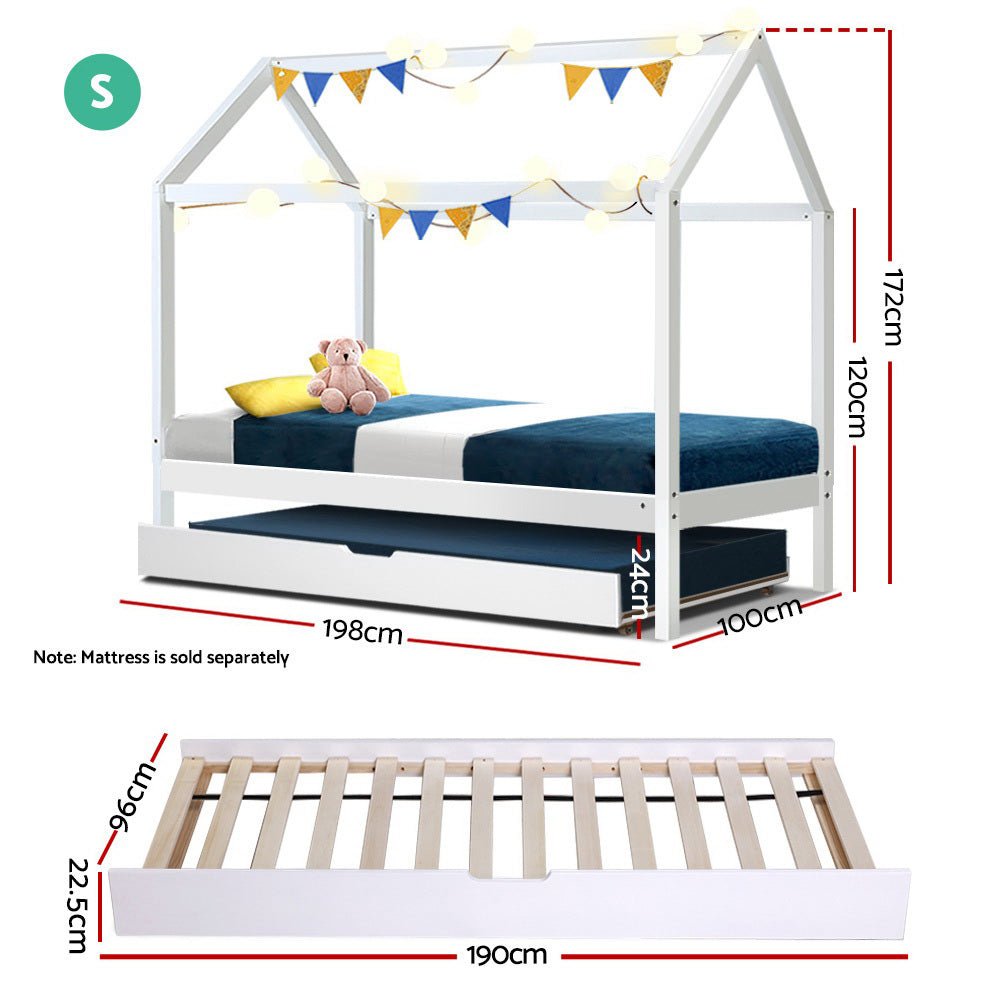 Artiss Bed Frame Wooden Trundle Daybed Kids House Frame White HOLY - Kid Topia