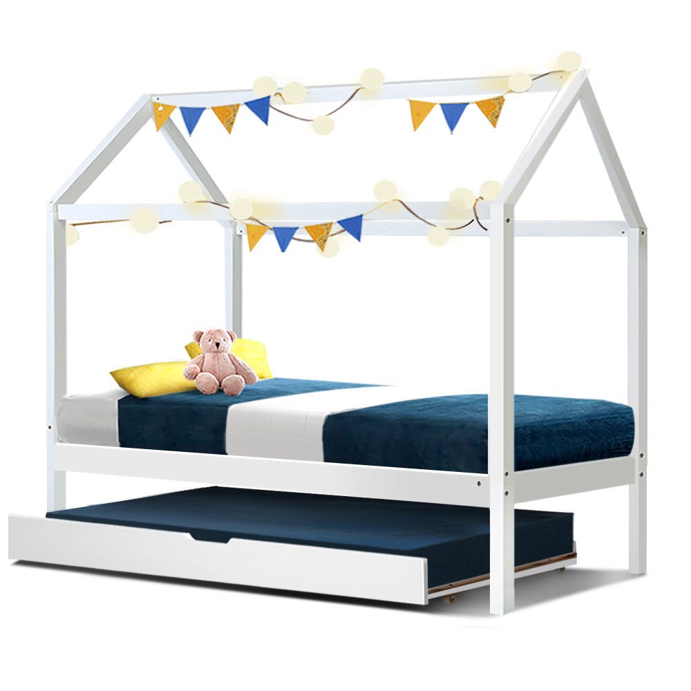 Artiss Bed Frame Wooden Trundle Daybed Kids House Frame White HOLY - Kid Topia