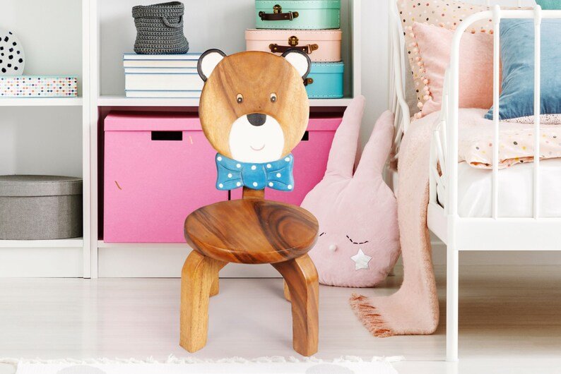 Children's furniture Set Bear Table and 2 Chairs -natural wood handmade and solid build - Kid Topia