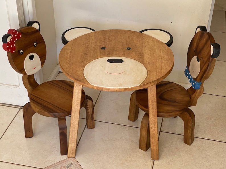 Children's furniture Set Bear Table and 2 Chairs -natural wood handmade and solid build - Kid Topia