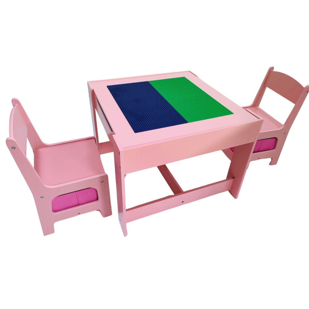EKKIO 3PCS Kids Table with Lego Baseplate and Chairs Set with Black Chalkboard (Pink) EK-KTCS-105-RHH - Kid Topia