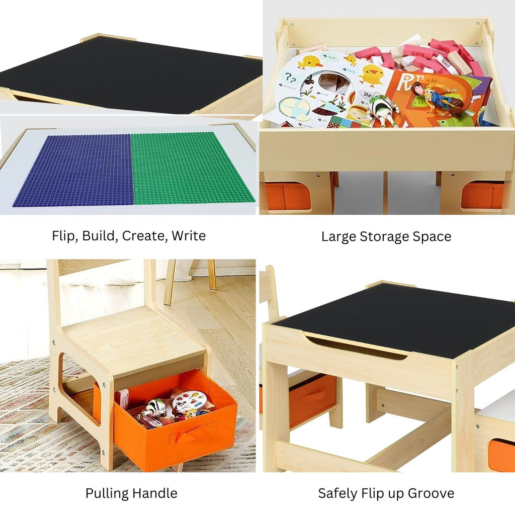 EKKIO 3PCS Kids Table with Lego Baseplate and Chairs Set with Black Chalkboard (White) EK-KTCS-104-RHH - Kid Topia