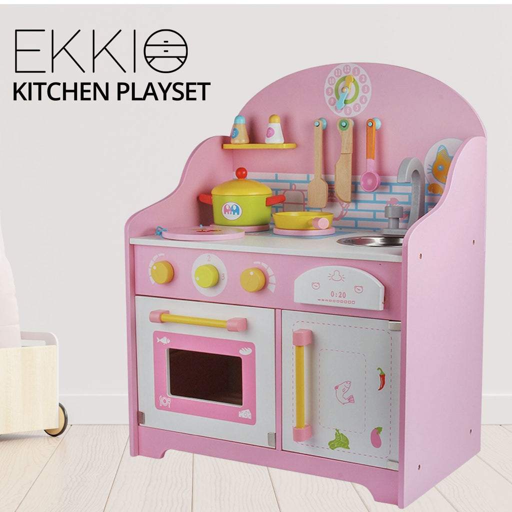 EKKIO Wooden Kitchen Playset for Kids with Clock (Japanese Style Kitchen Set, Pink) EK-KP-109-MS - Kid Topia