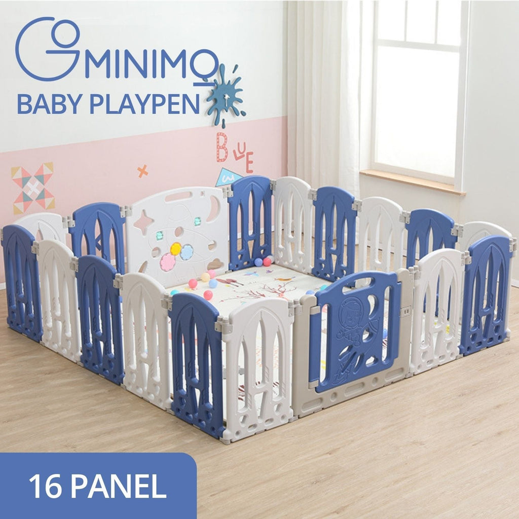 GOMINIMO Foldable Baby Playpen with 16 Panels (White Blue) GO-BP-102-TF - Kid Topia