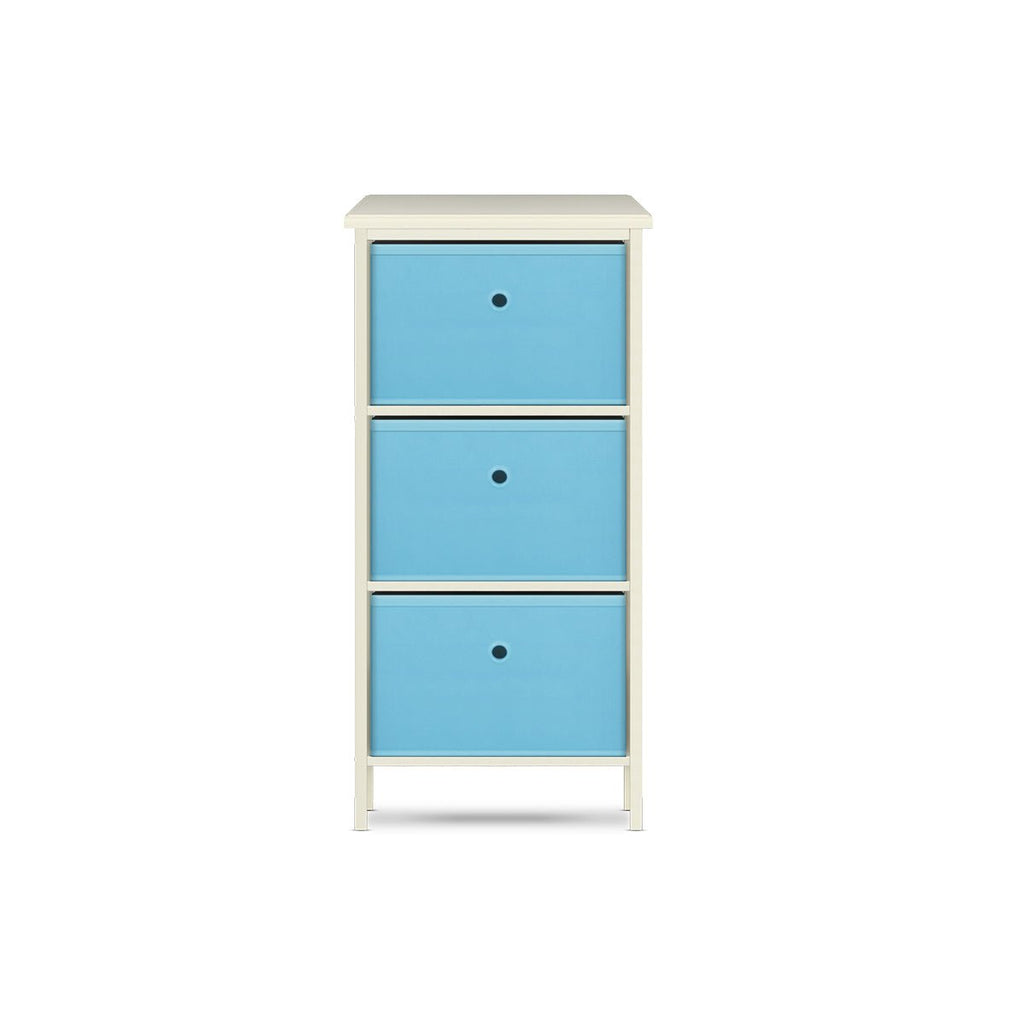 Home Master 3 Drawer Pine Wood Storage Chest Sky Blue Fabric Baskets 37 x 80cm - Kid Topia