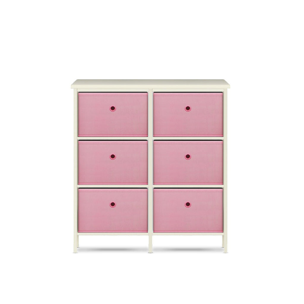 Home Master 6 Drawer Pine Wood Storage Chest Pink Fabric Baskets 70 x 80cm - Kid Topia