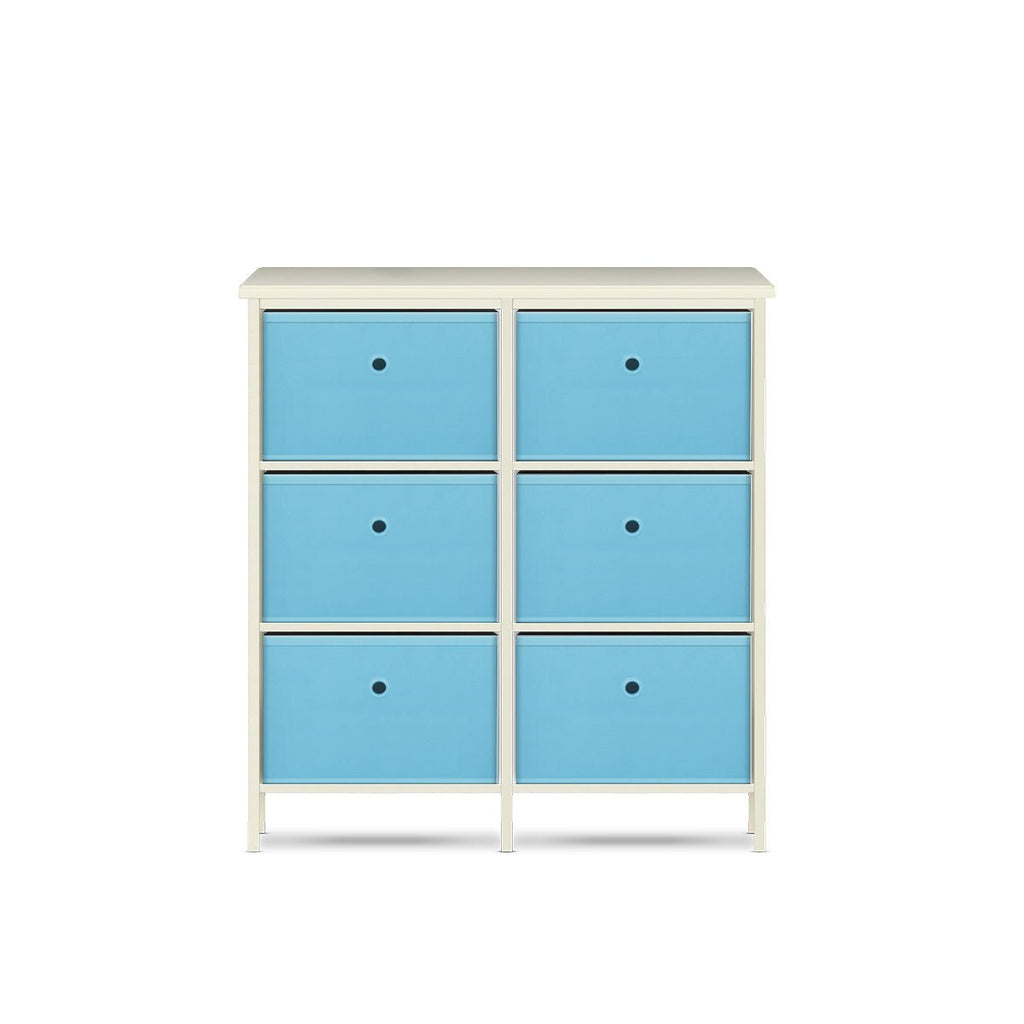 Home Master 6 Drawer Pine Wood Storage Chest Sky Blue Fabric Baskets 70 x 80cm - Kid Topia
