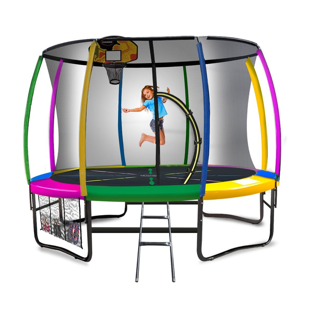 Kahuna 10ft Outdoor Trampoline Kids Children With Safety Enclosure Pad Mat Ladder Basketball Hoop Set - Rainbow - Kid Topia