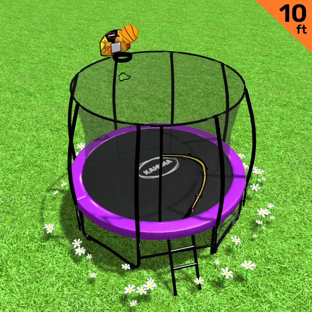 Kahuna 10ft Outdoor Trampoline With Safety Enclosure Pad Ladder Basketball Hoop Set Purple - Kid Topia