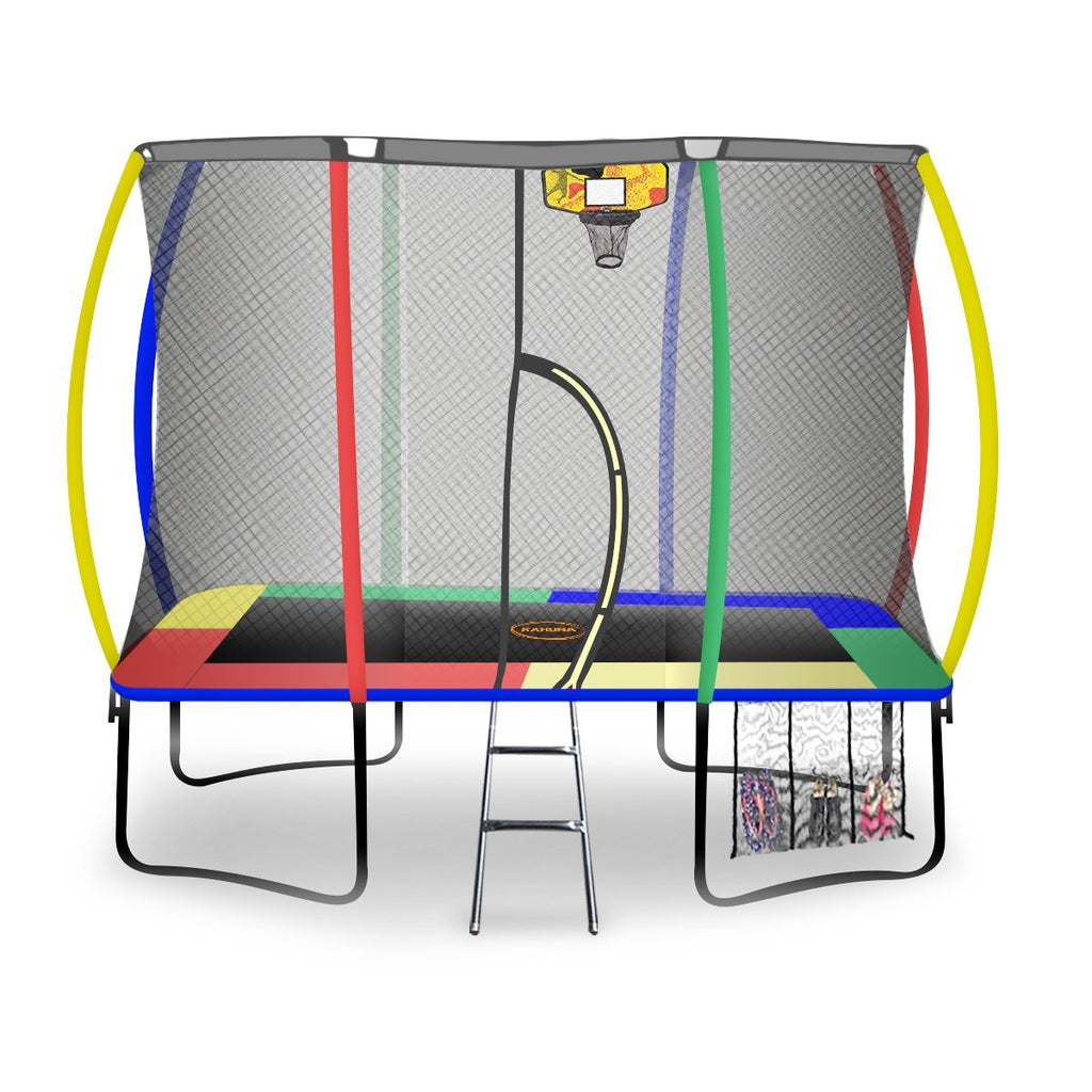 Kahuna 6ft X 9ft Outdoor Rectangular Rainbow Trampoline Safety Enclosure And Basketball Hoop Set - Kid Topia