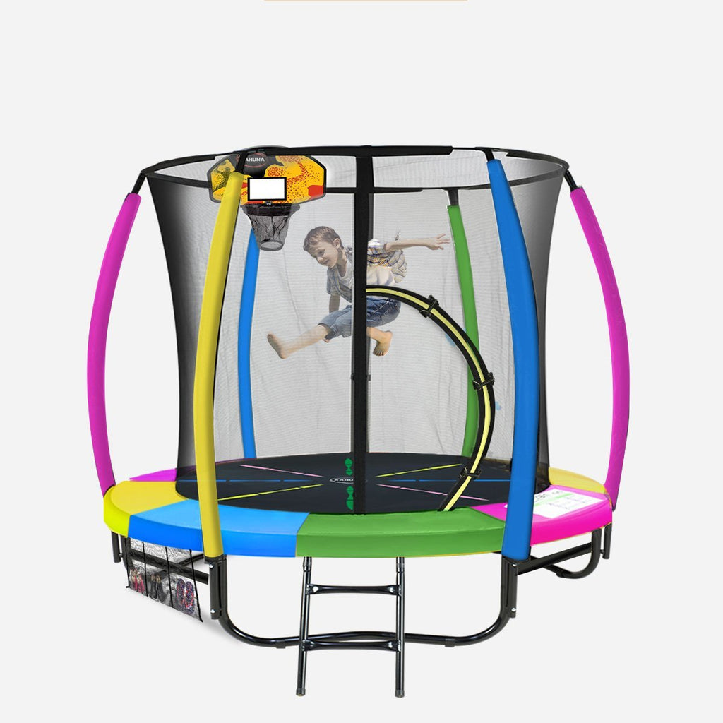 Kahuna 8ft Outdoor Trampoline Kids Children With Safety Enclosure Mat Pad Net Ladder Basketball Hoop Set - Rainbow - Kid Topia