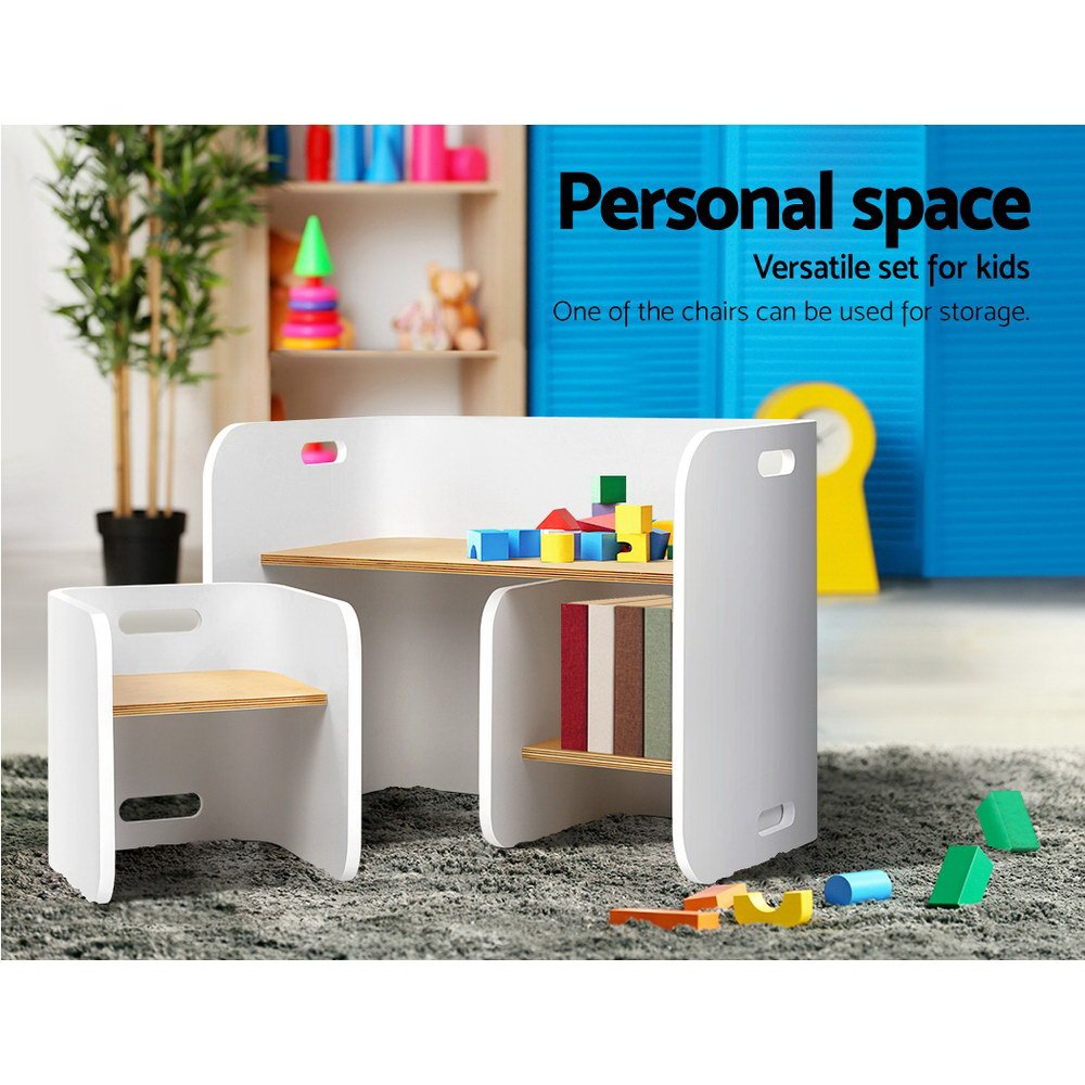 Keezi 3PCS Kids Table and Chairs Set Multifunctional Storage Desk White - Kid Topia
