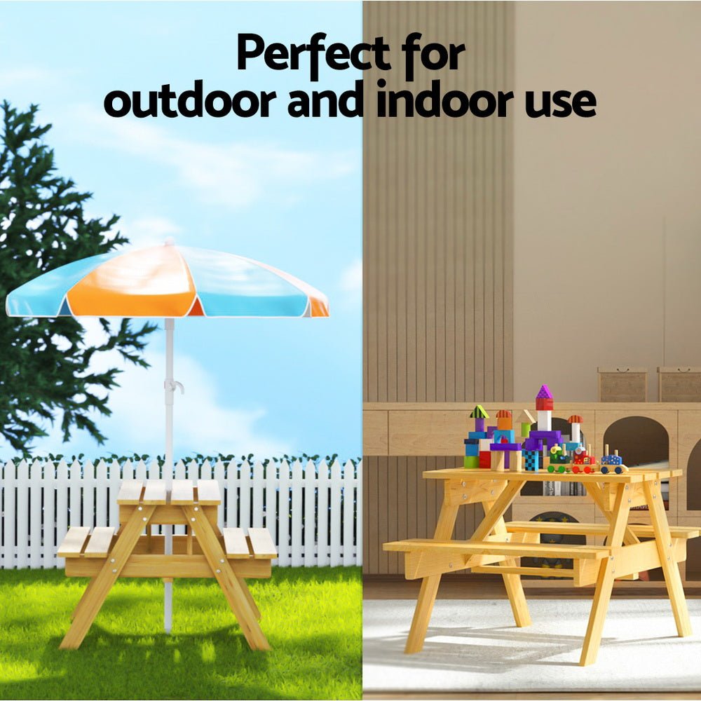 Keezi Kids Outdoor Table and Chairs Picnic Bench Seat Umbrella Children Wooden - Kid Topia