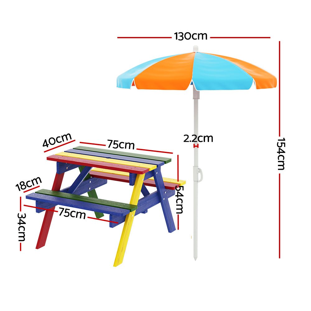 Keezi Kids Outdoor Table and Chairs Picnic Bench Seat Umbrella Colourful Wooden - Kid Topia