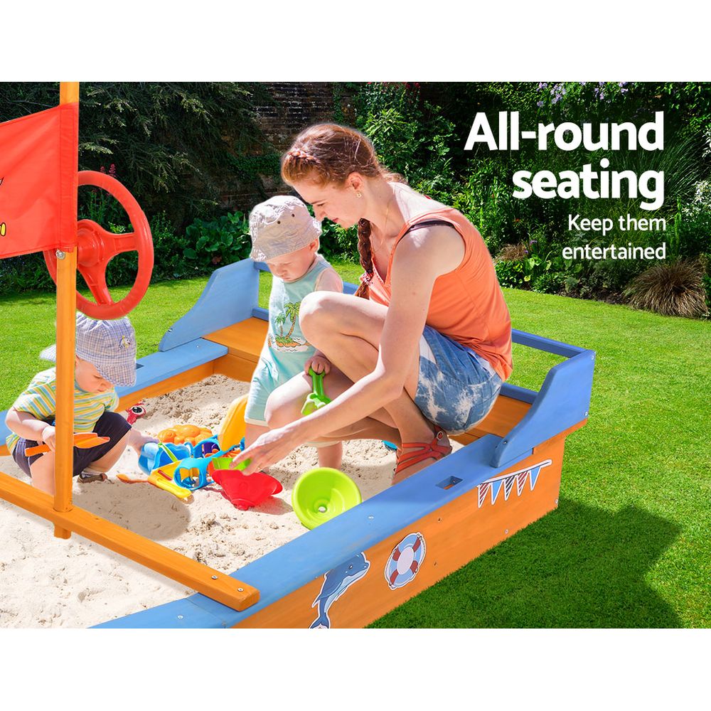 Keezi Kids Sandpit Wooden Boat Sand Pit with Canopy Bench Seat Beach Toys 150cm - Kid Topia