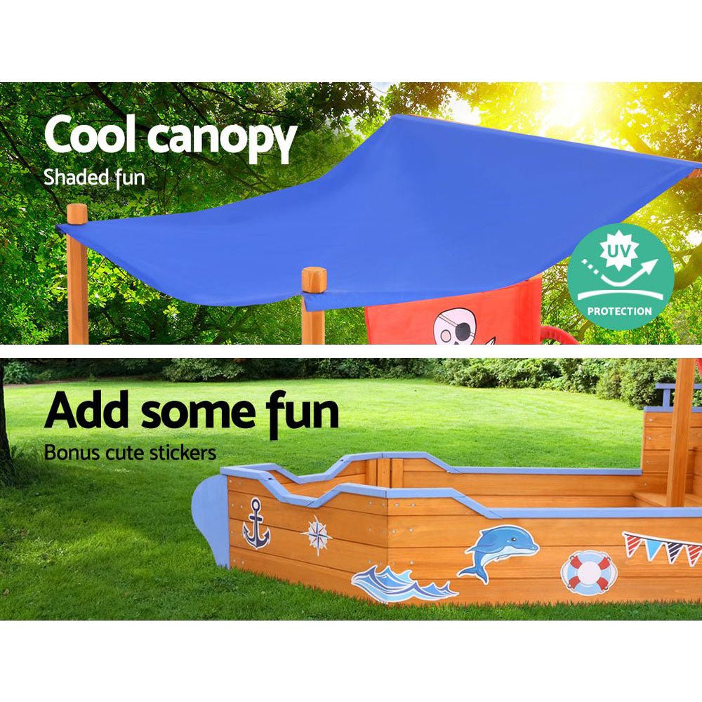 Keezi Kids Sandpit Wooden Boat Sand Pit with Canopy Bench Seat Beach Toys 165cm - Kid Topia