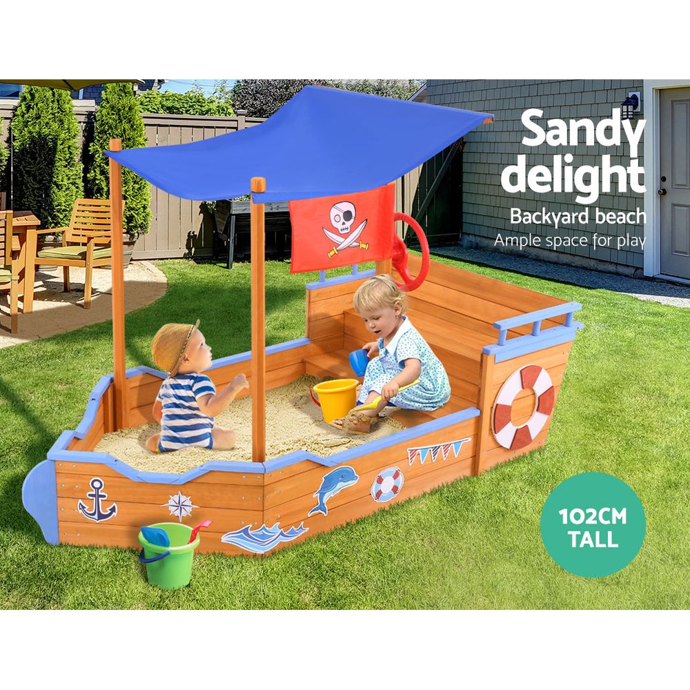Keezi Kids Sandpit Wooden Boat Sand Pit with Canopy Bench Seat Beach Toys 165cm - Kid Topia