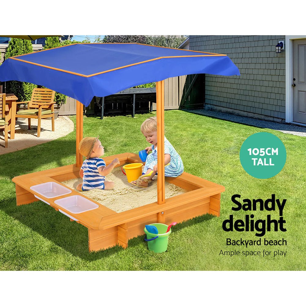 Keezi Kids Sandpit Wooden Sandbox Sand Pit with Canopy Water Basin Toys 103cm - Kid Topia