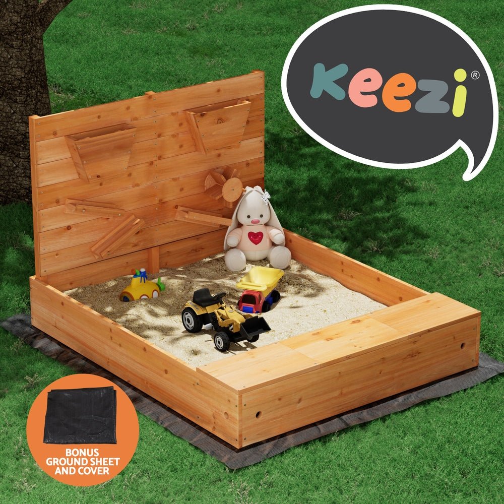 Keezi Kids Sandpit Wooden Sandbox Sand Pit with Cover Funnel Outdoor Toys 120cm - Kid Topia