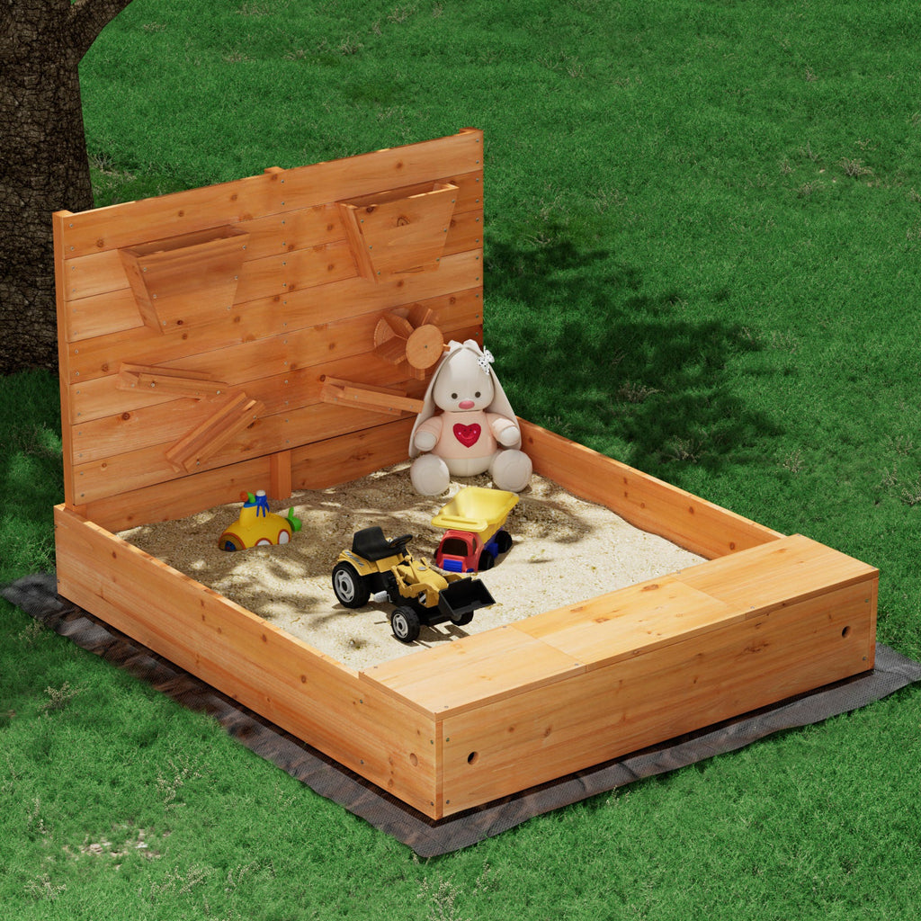 Keezi Kids Sandpit Wooden Sandbox Sand Pit with Cover Funnel Outdoor Toys 120cm - Kid Topia