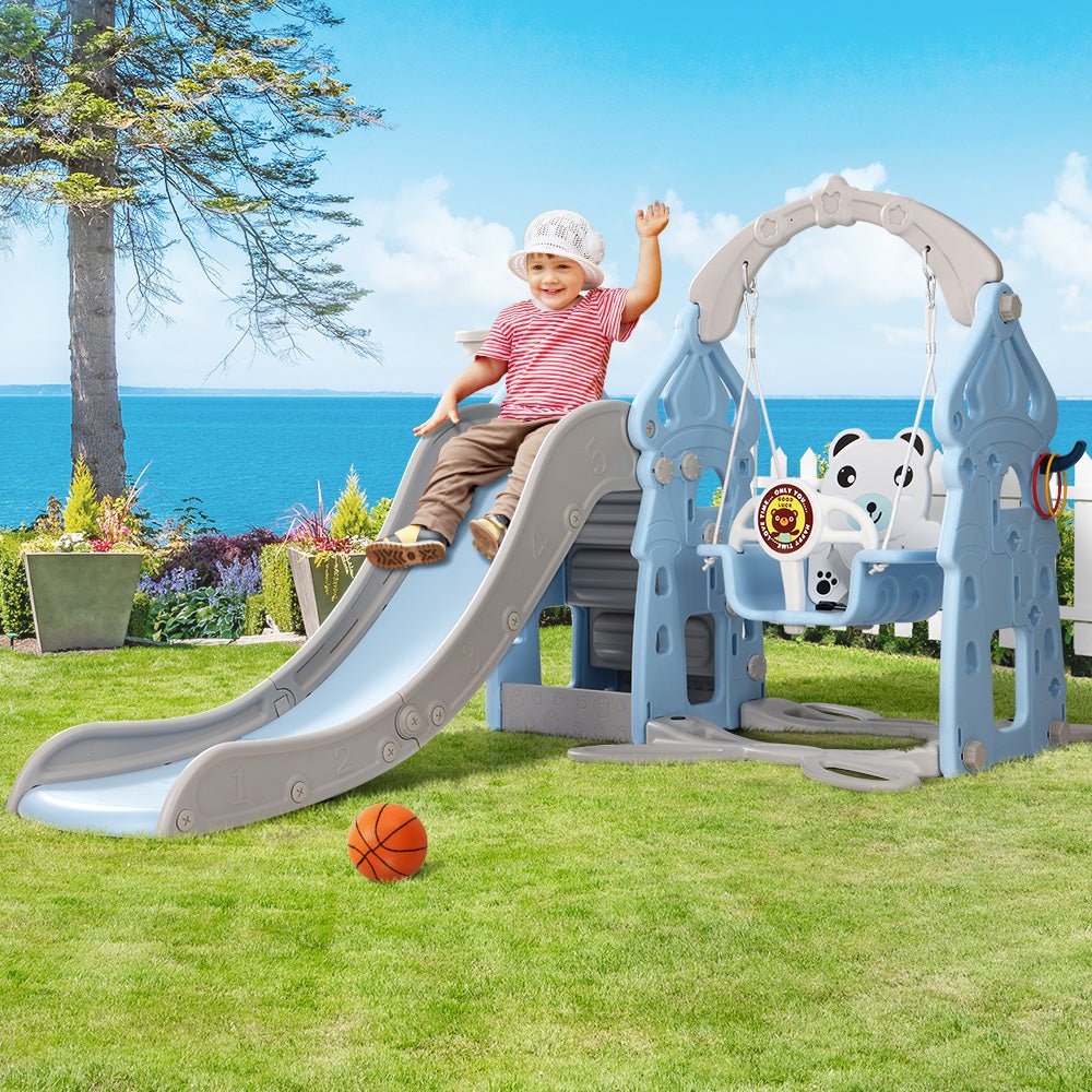 Keezi Kids Slide Swing Set Basketball Hoop Rings Outdoor Playground 170cm Blue - Kid Topia