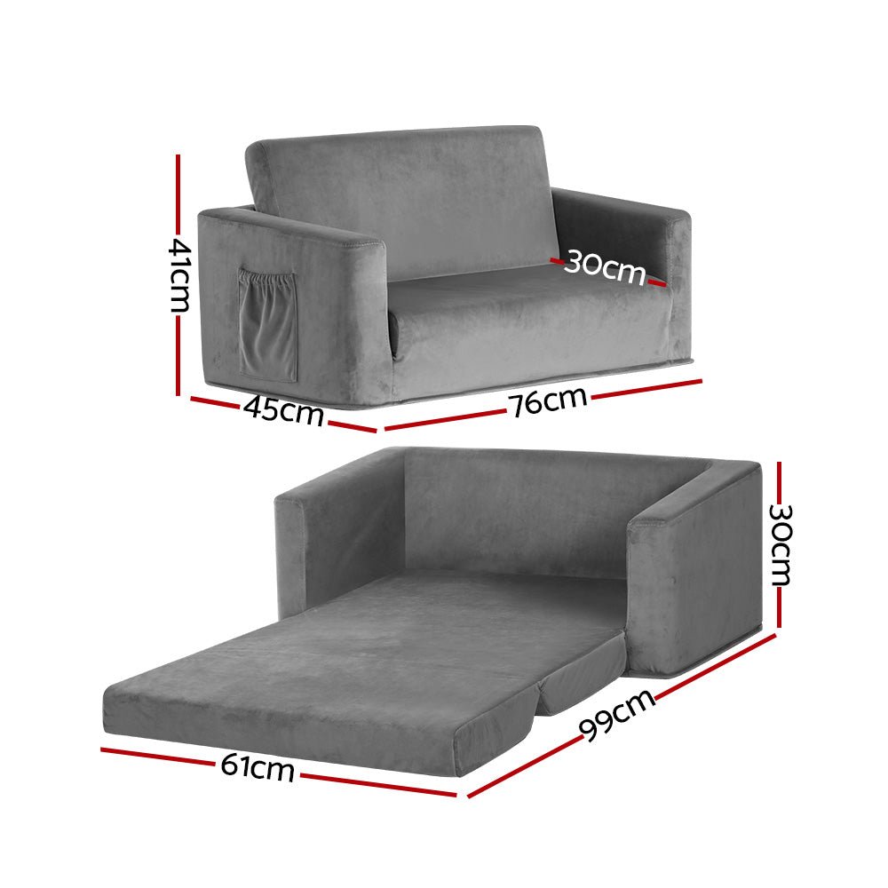 Keezi Kids Sofa 2 Seater Chair Children Flip Open Couch Armchair Grey - Kid Topia