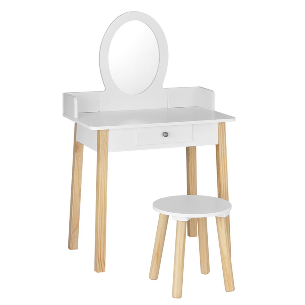 Keezi Kids Vanity Makeup Dressing Table Chair Set Wooden Leg Drawer Mirror White - Kid Topia