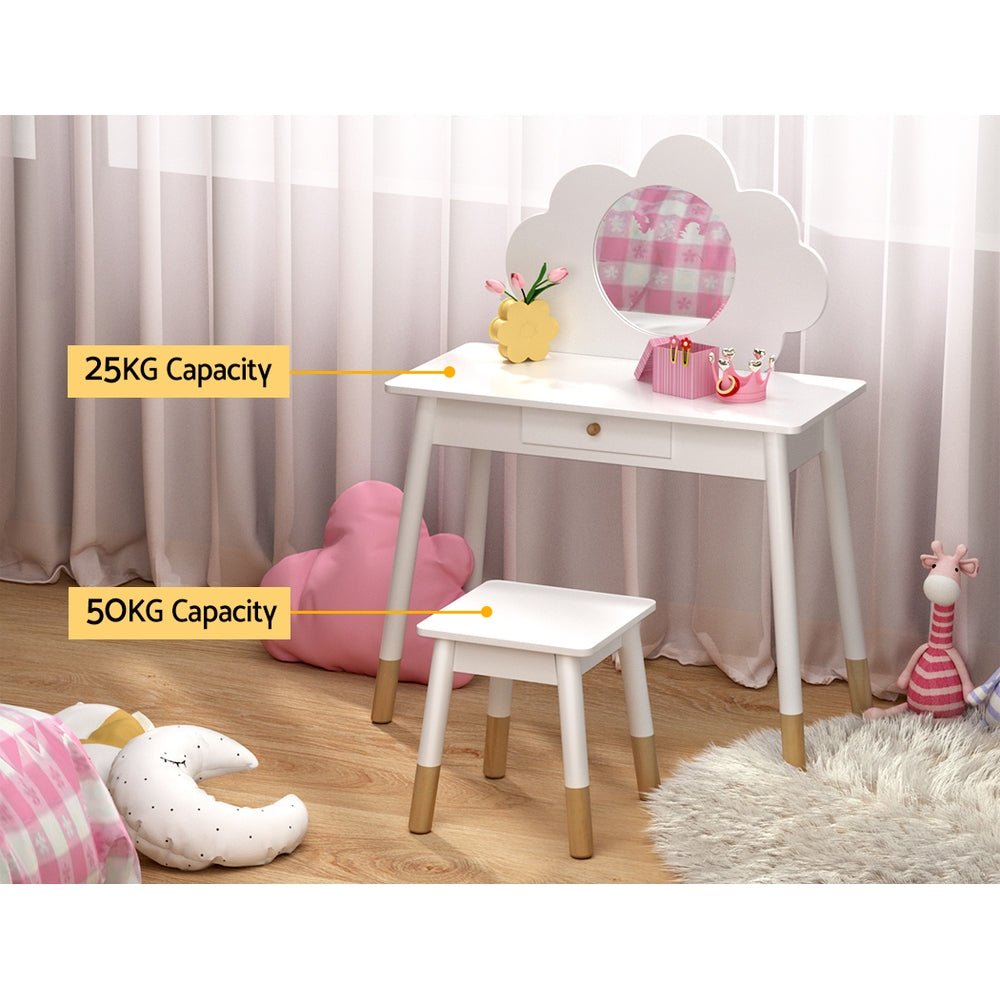 Keezi Kids Vanity Makeup Dressing Table Chair Set Wooden Mirror Drawer White - Kid Topia