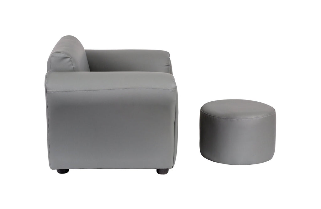 Kids Grey Couch Sofa Chair w/ Footstool in PU Leather - Kid Topia