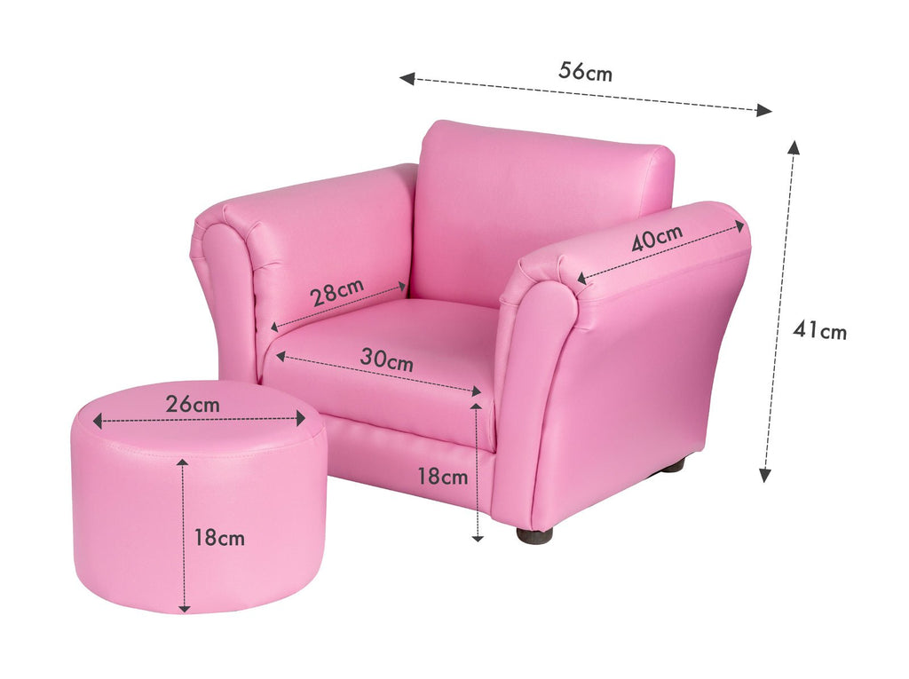 Kids Pink Couch Sofa Chair w/ Footstool in PU Leather - Kid Topia