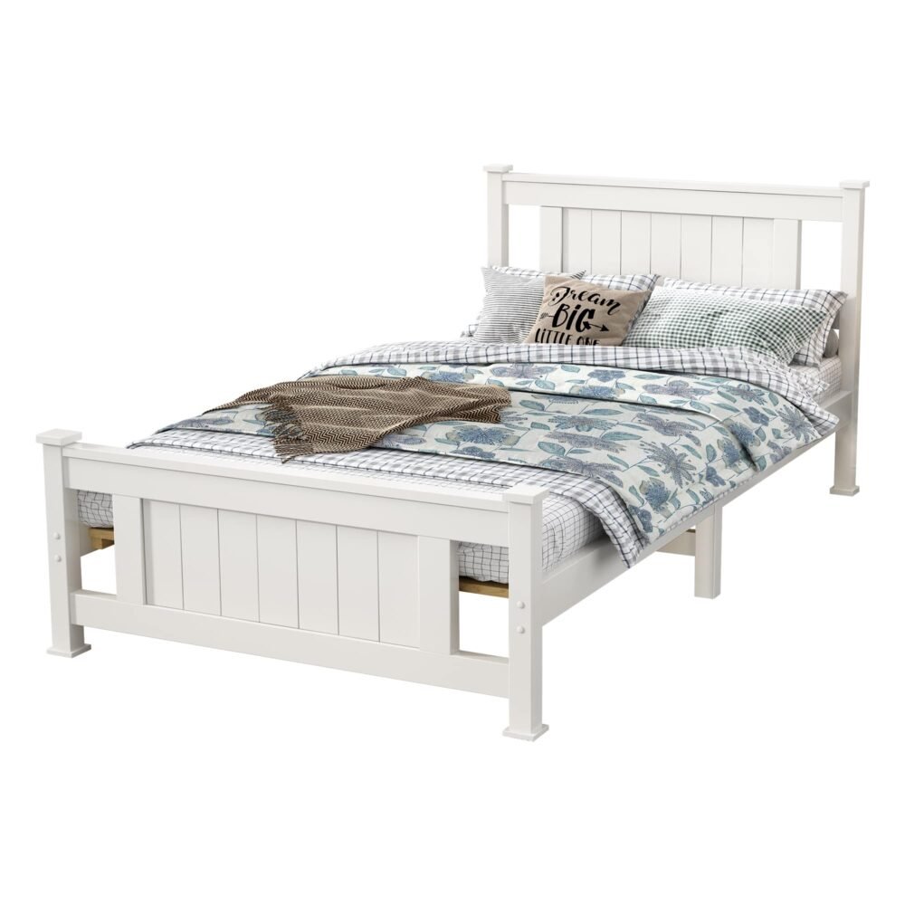King Single Solid Pine Timber Bed Frame-White - Kid Topia