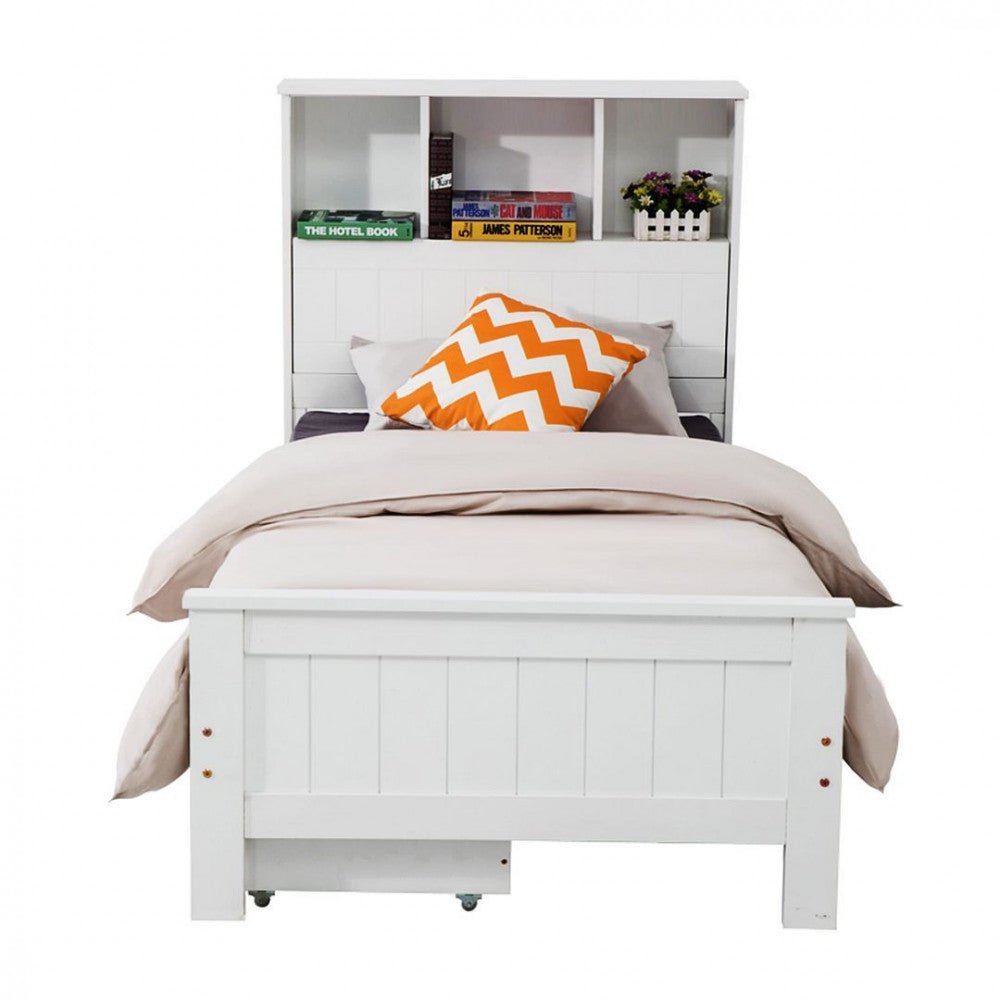 King Single Solid Pine Timber Bed Frame with Bookshelf Storage Headboard- White - Kid Topia