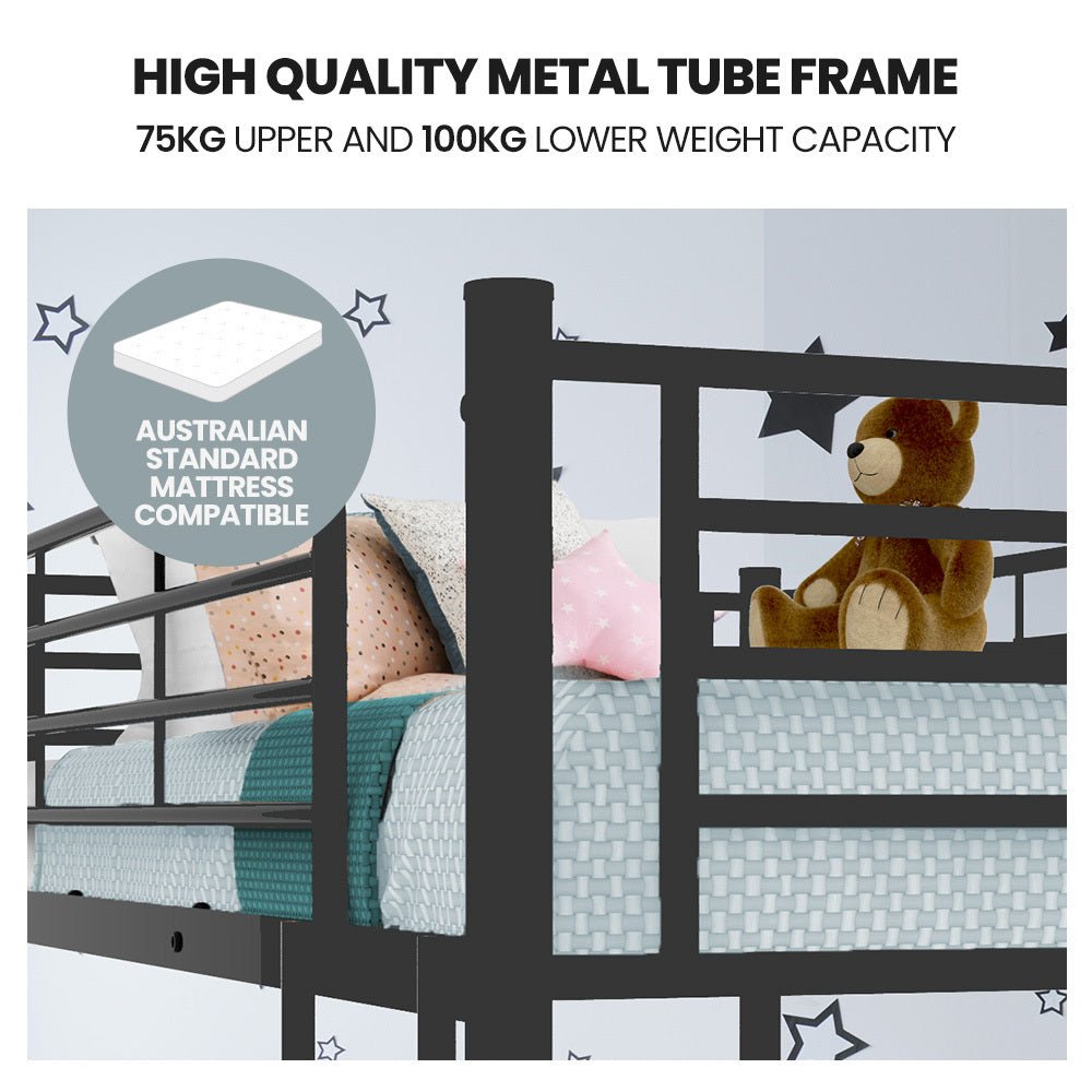 Kingston Slumber 2in1 Single Metal Bunk Bed Frame, with Modular Design, Dark Matte Grey - Kid Topia