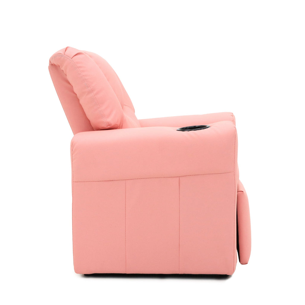 Pink Kids push back recliner chair with cup holder - Kid Topia