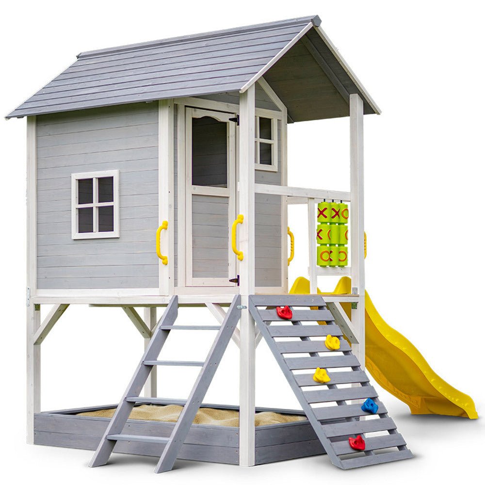 ROVO KIDS Wooden Tower Cubby House with Slide, Sandpit, Climbing Wall, Noughts & Crosses - Kid Topia