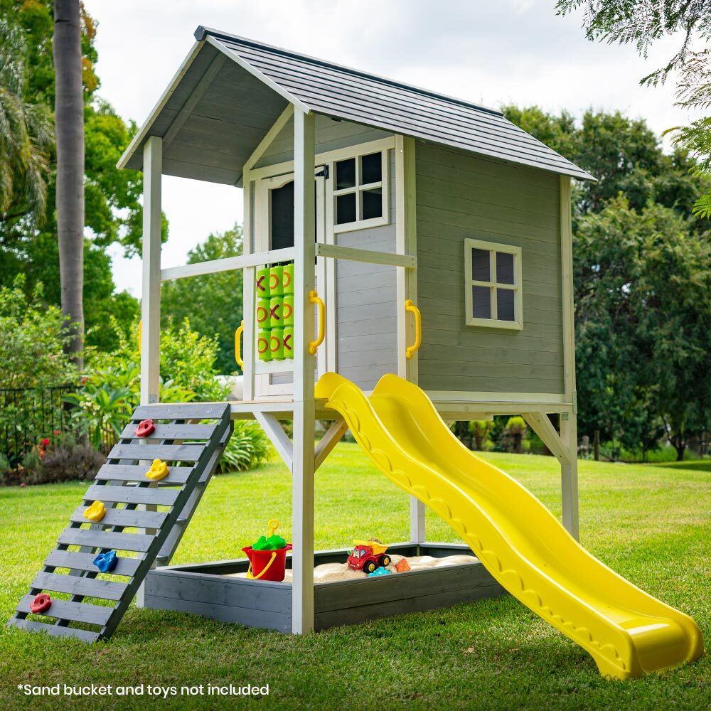 ROVO KIDS Wooden Tower Cubby House with Slide, Sandpit, Climbing Wall, Noughts & Crosses - Kid Topia