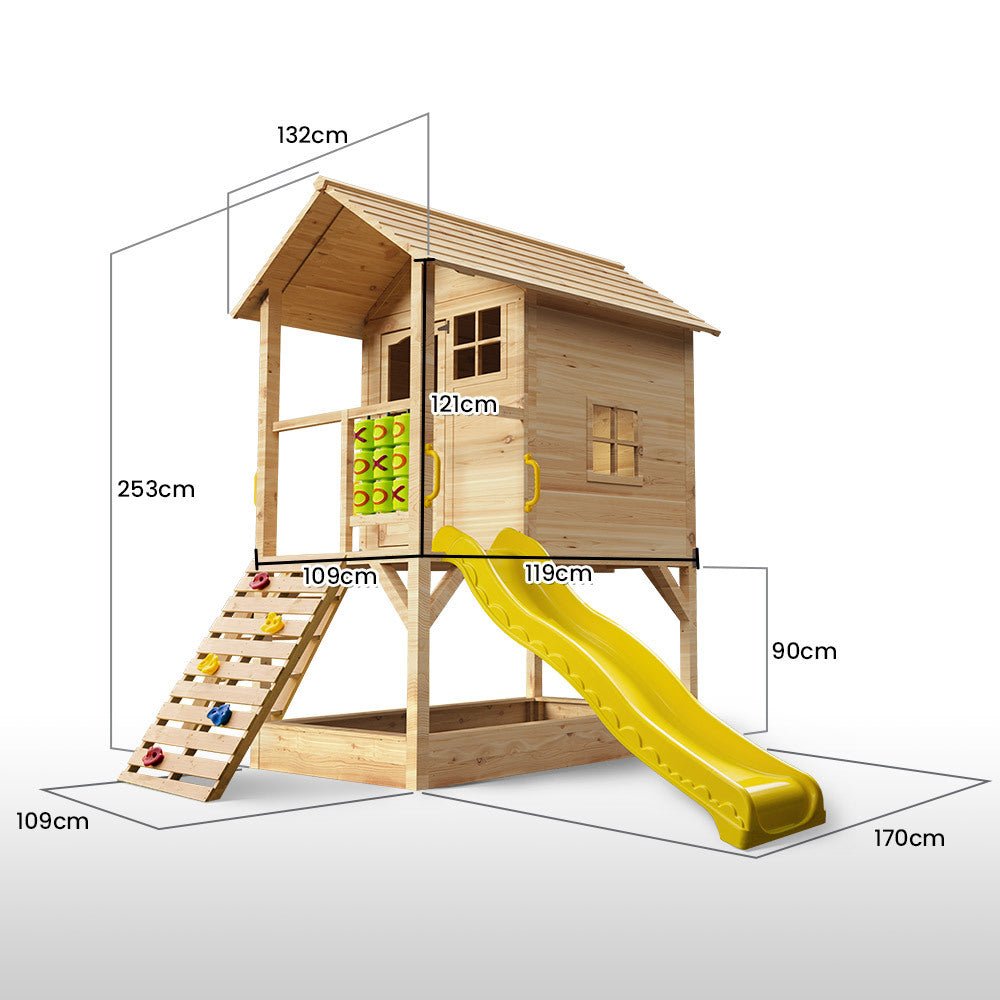 ROVO KIDS Wooden Tower Cubby House with Slide, Sandpit, Climbing Wall, Noughts & Crosses, Natural Colour - Kid Topia