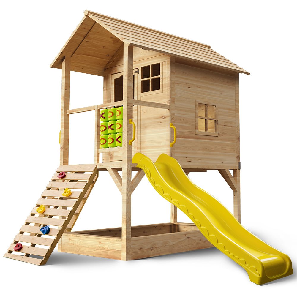 ROVO KIDS Wooden Tower Cubby House with Slide, Sandpit, Climbing Wall, Noughts & Crosses, Natural Colour - Kid Topia