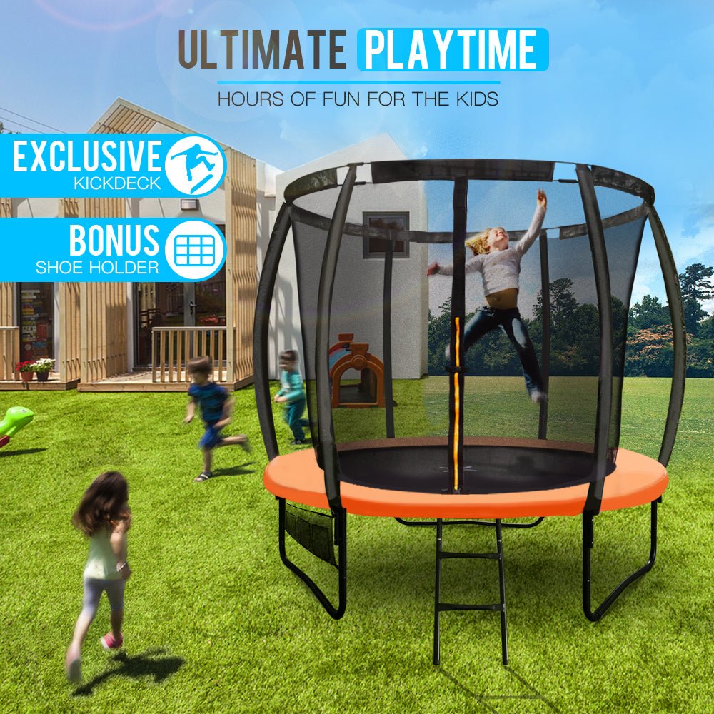 UP-SHOT 8ft Round Kids Trampoline with Curved Pole Design and Sprinkler Accessory, Black and Orange - Kid Topia