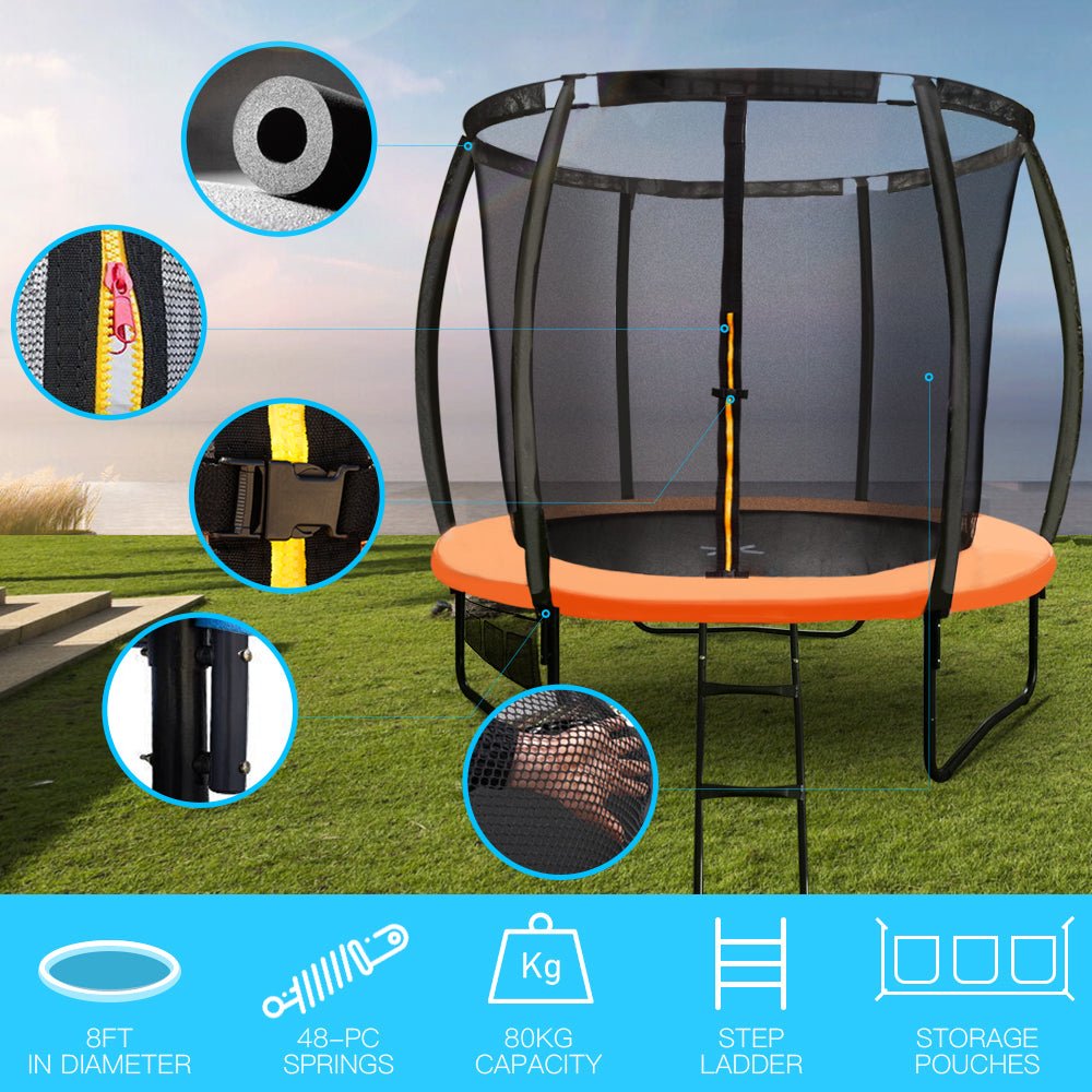 UP-SHOT 8ft Round Kids Trampoline with Curved Pole Design and Sprinkler Accessory, Black and Orange - Kid Topia