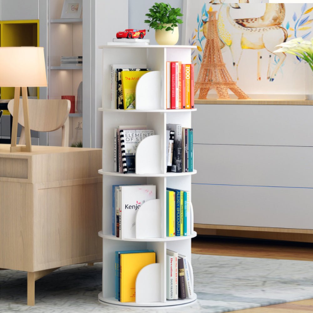 White Wooden Circular 360�� Rotating Bookshelf Display Storage Stand(4 Layers) - Kid Topia